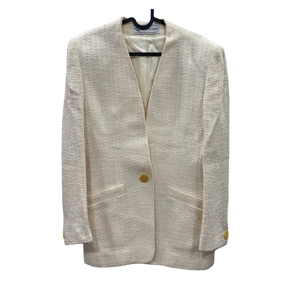 EVAN PICONE Tweed Blazer Size 4 Ivory Textured Button Faux Pockets 100% Wool